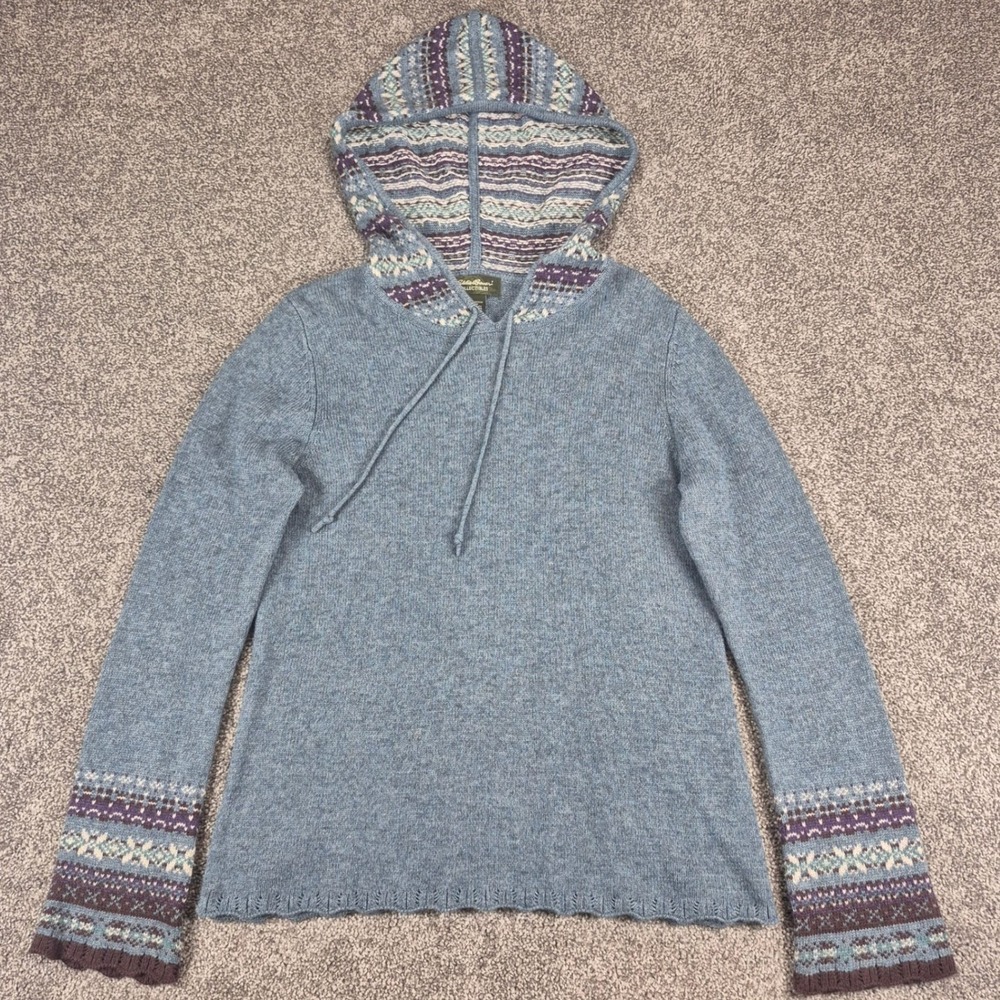 Eddie Bauer Sweater Hoodie Womens Medium Blue Fair Isle Cashmere Lambswool Blend